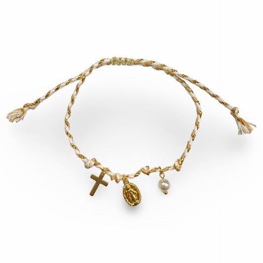 White and Gold Braided Cord Adjustable Bracelet