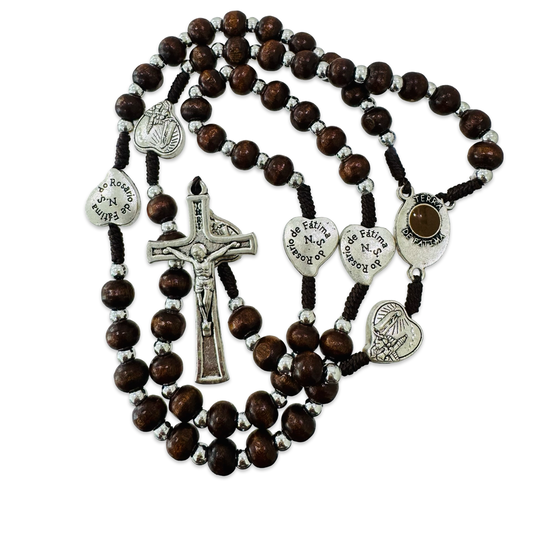 Dark Wooden Cord Rosary With Fatima Soil and Holy Card