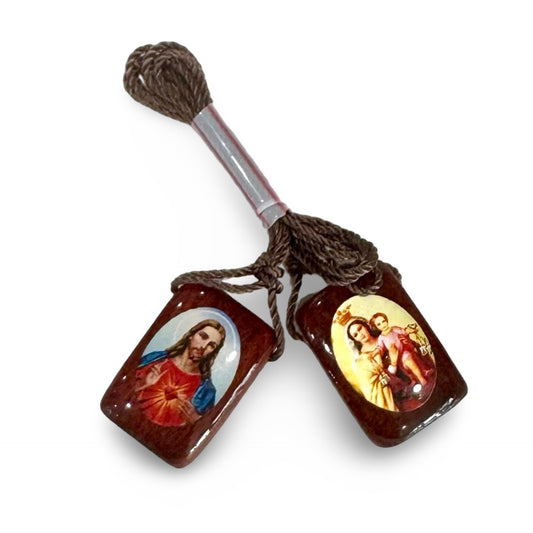 Rectangular Wooden Lacquered Brown Scapular with Color Images