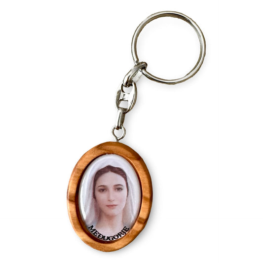 Olive Wood Our Lady Queen of Peace Keychain with Colored Image