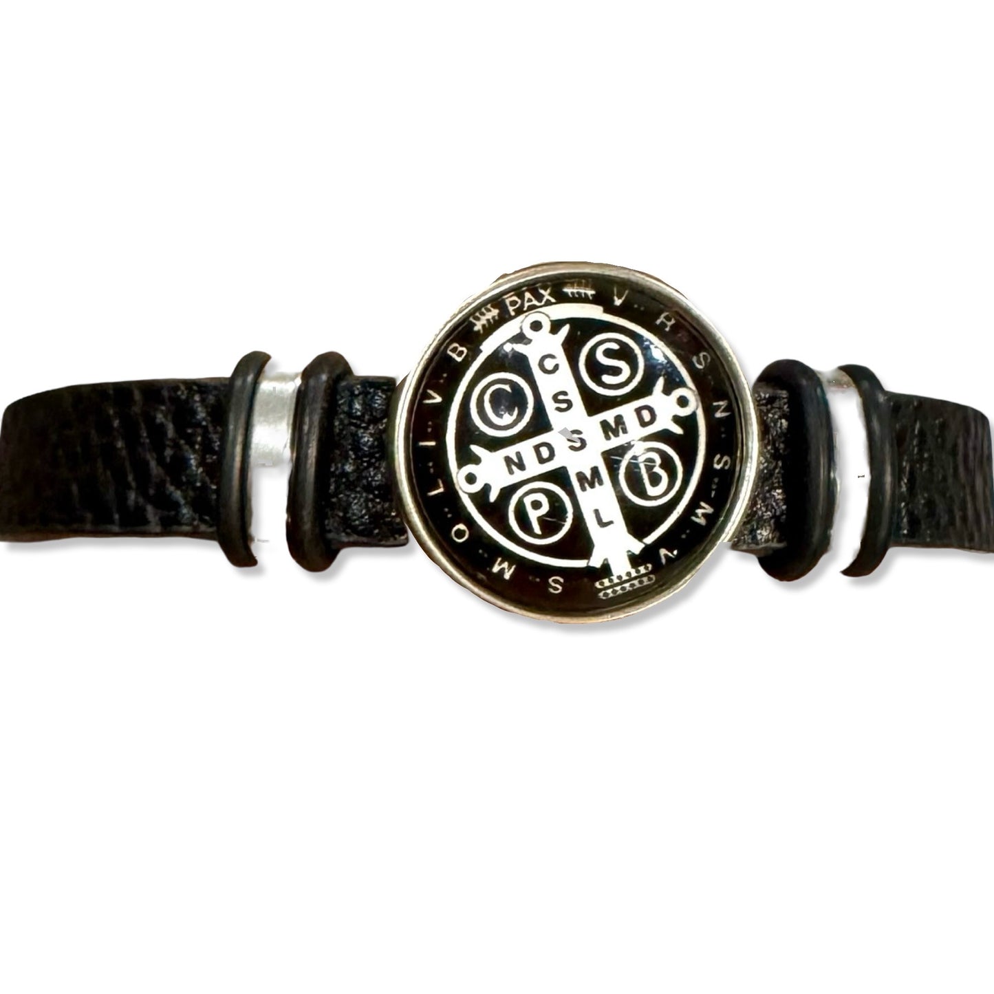 Large Black St. Benedict Leather Bracelet with Clasp