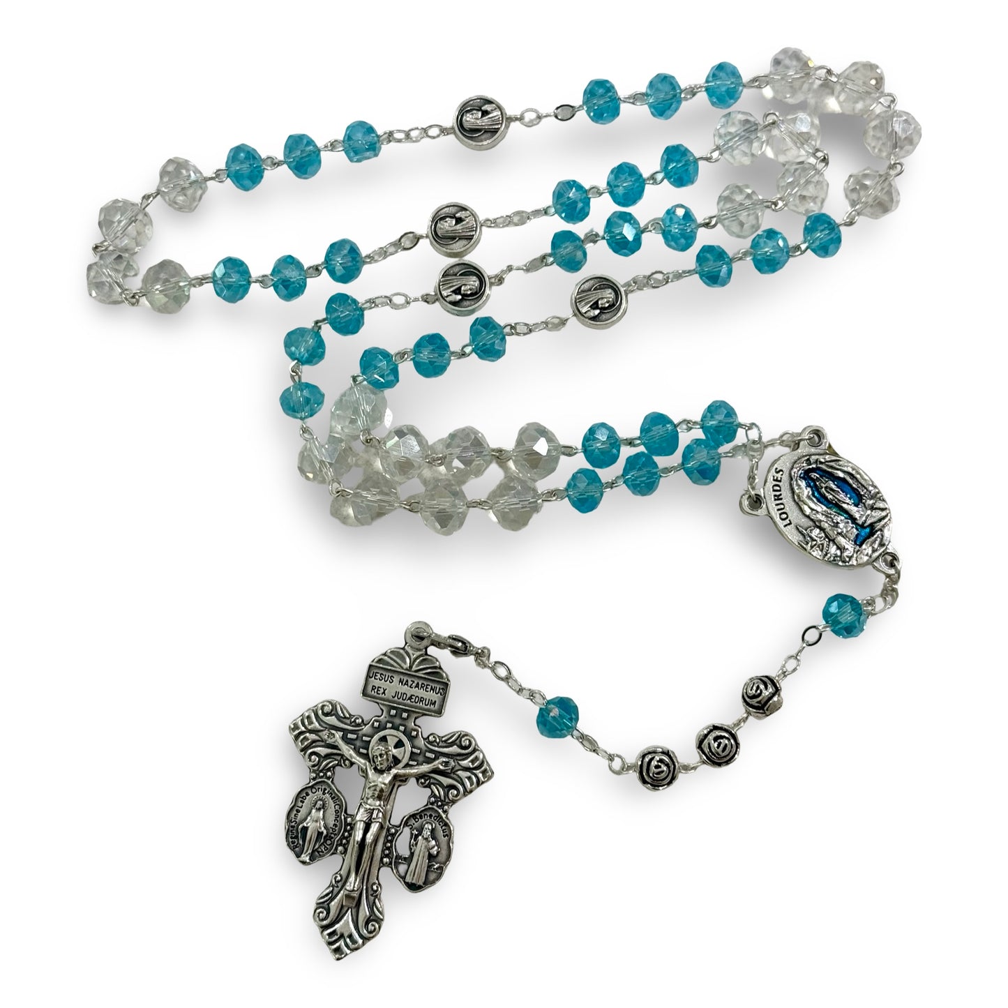 Crystal and Blue Rosary with Lourdes Water Centerpiece with Pardon Crucifix in Case