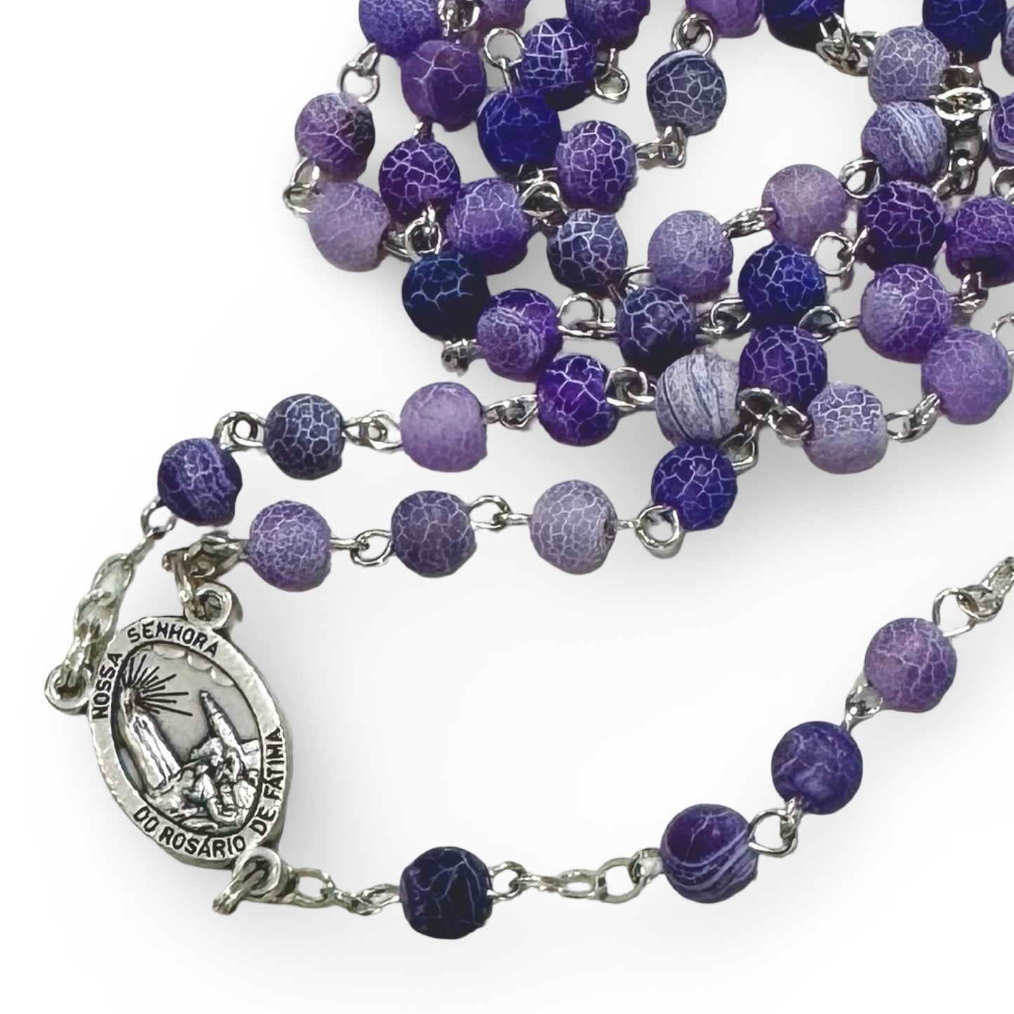 Fatima and Sacred Heart Rosary with Frosted Crackle Beads of Assorted Colors