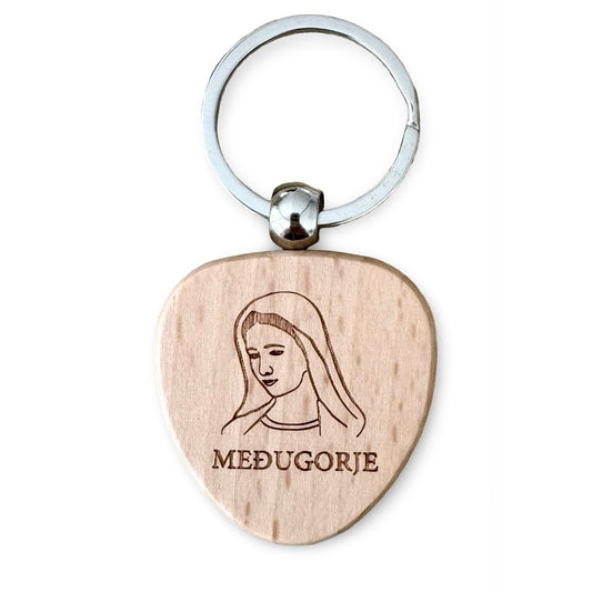 Wooden Our Lady Queen of Peace Keychain with Metal Ring