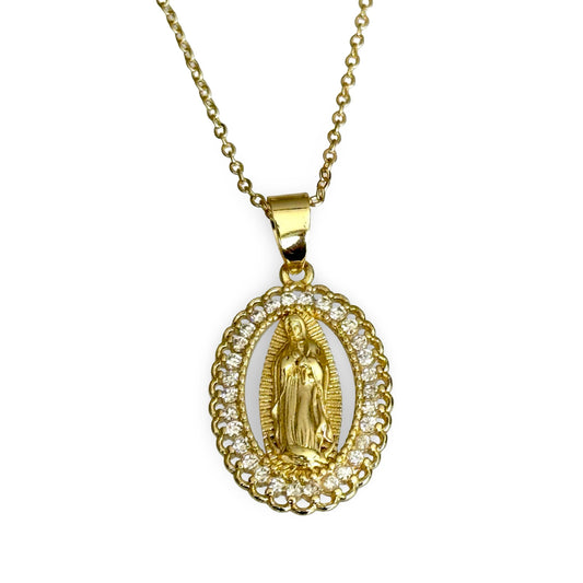 Large Our Lady Guadalupe Necklace with Rhinestone Border