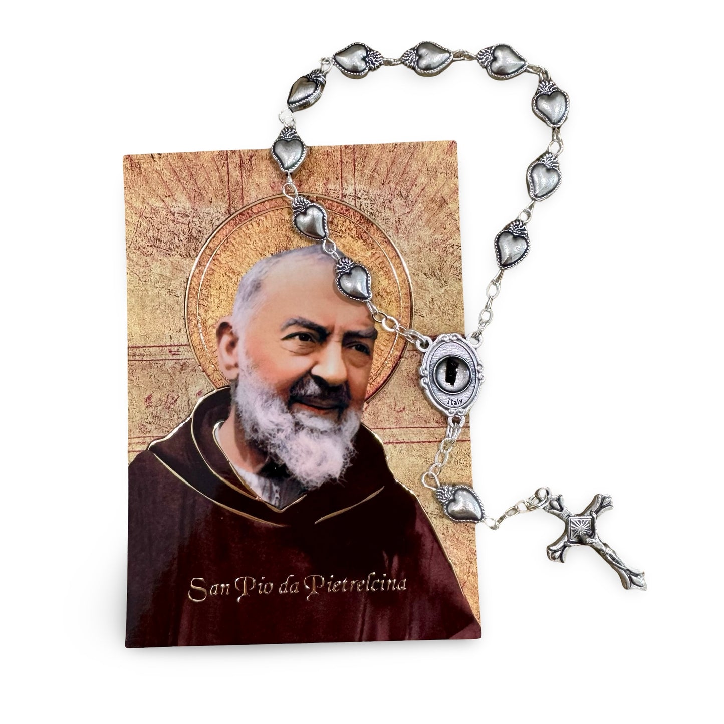 Padre Pio Heart Decade Rosary with Relic and Prayer Card