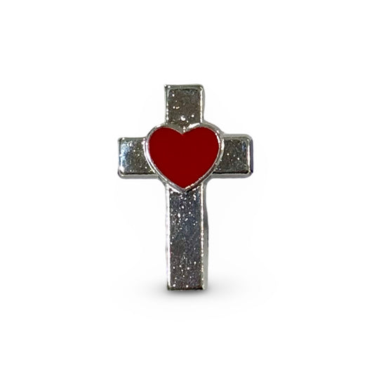 Silver Cross with Red Heart Pin