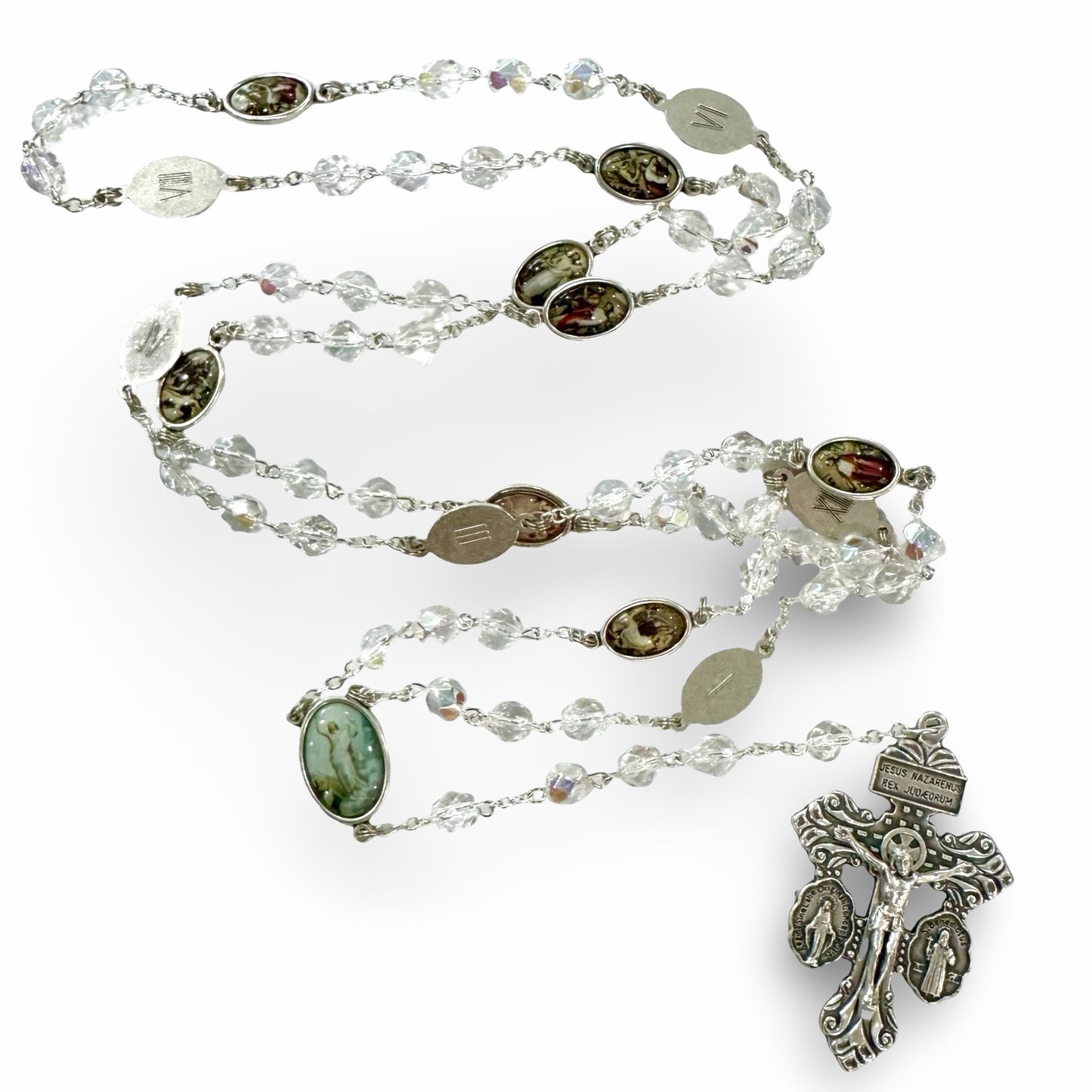 Crystal Stations of the Cross Chaplet with Colored Medals and Pardon Crucifix