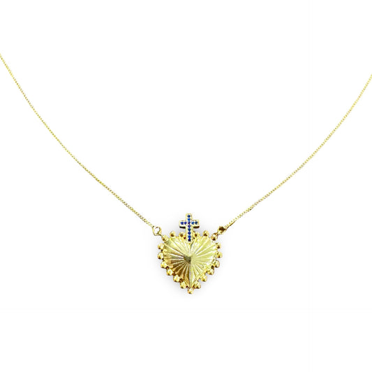 Gold Sacred Heart Necklace with Rhinestone Cross