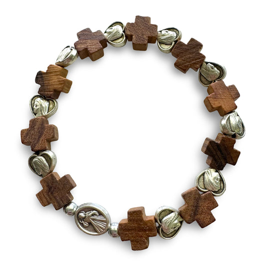Olive Wood Cross and Queen of Peace Medal Bracelet