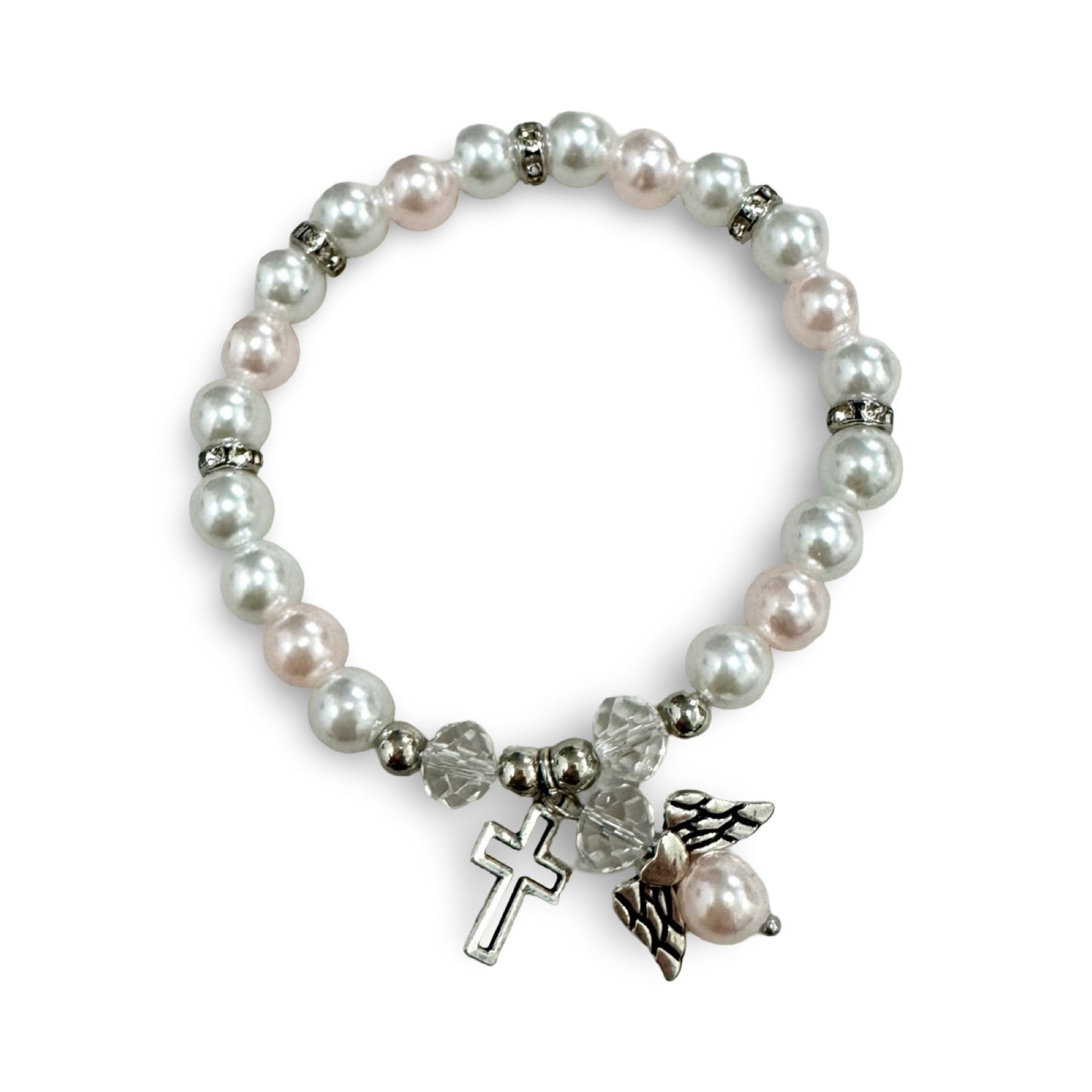 Pearl Bracelet with Angel and Cross Charms