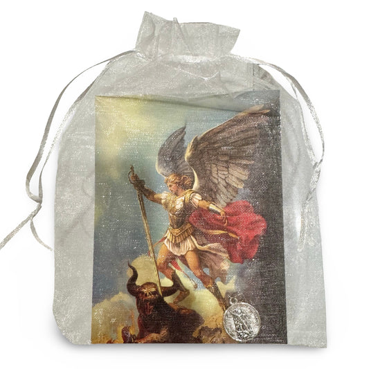 St. Michael Medal with Holy Card in Mesh Drawstring Bag