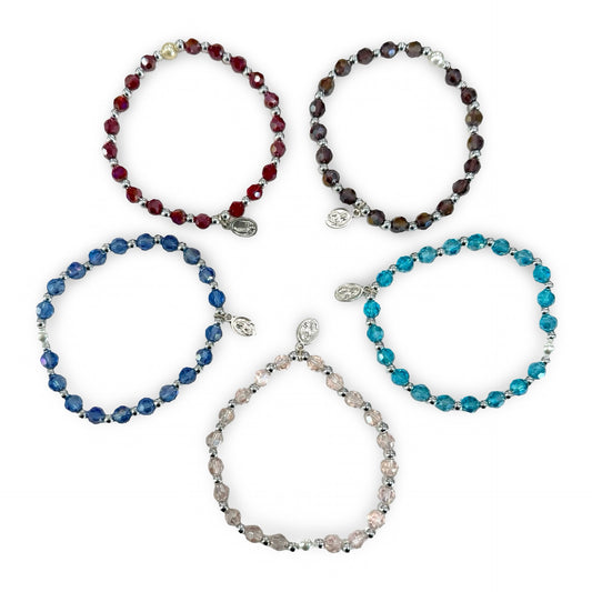 Crystal Bracelet with Fatima Medal and Pearl Accent of Assorted Colors