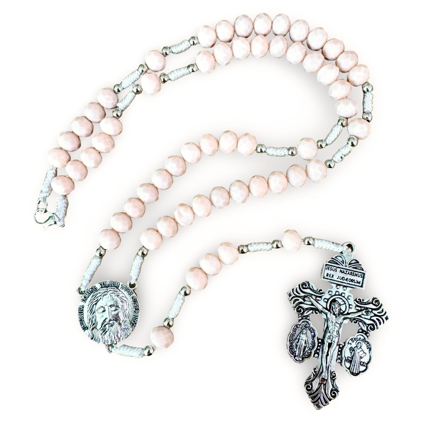 Light Pink Face of Jesus Rosary Necklace with Pardon Crucifix