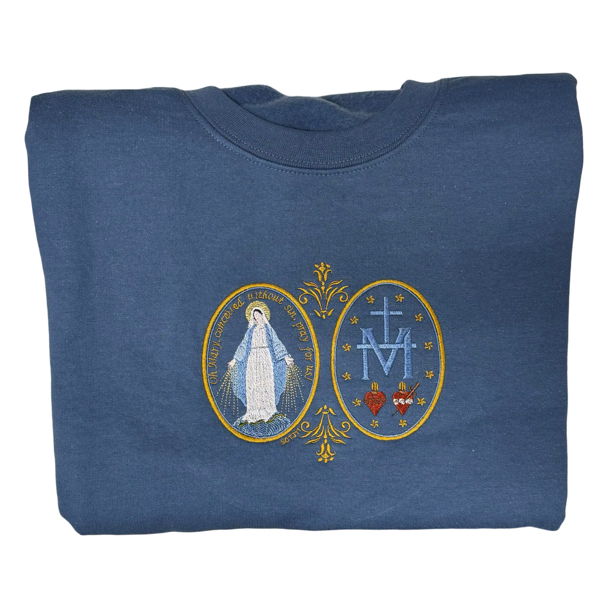 Large Miraculous Medal Embroidered Crewneck Sweater by SCTJM