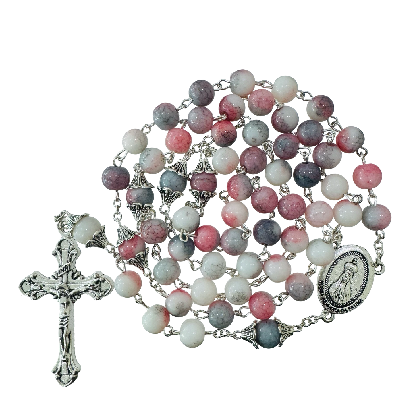 Large Marble Fatima Rosary with Silver Embellished Accents