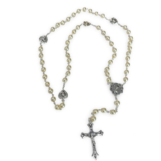 Off-White Pearl Fatima Rosary with Marian Heart-Shaped Our Father Beads