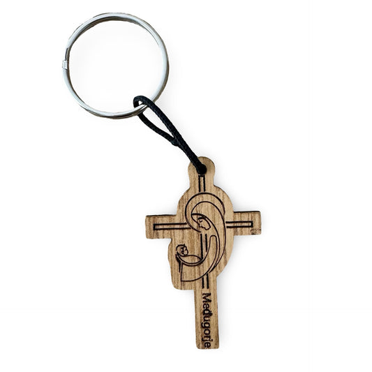 Wooden Cross-Shaped Medugorje Keychain with Medal Ring