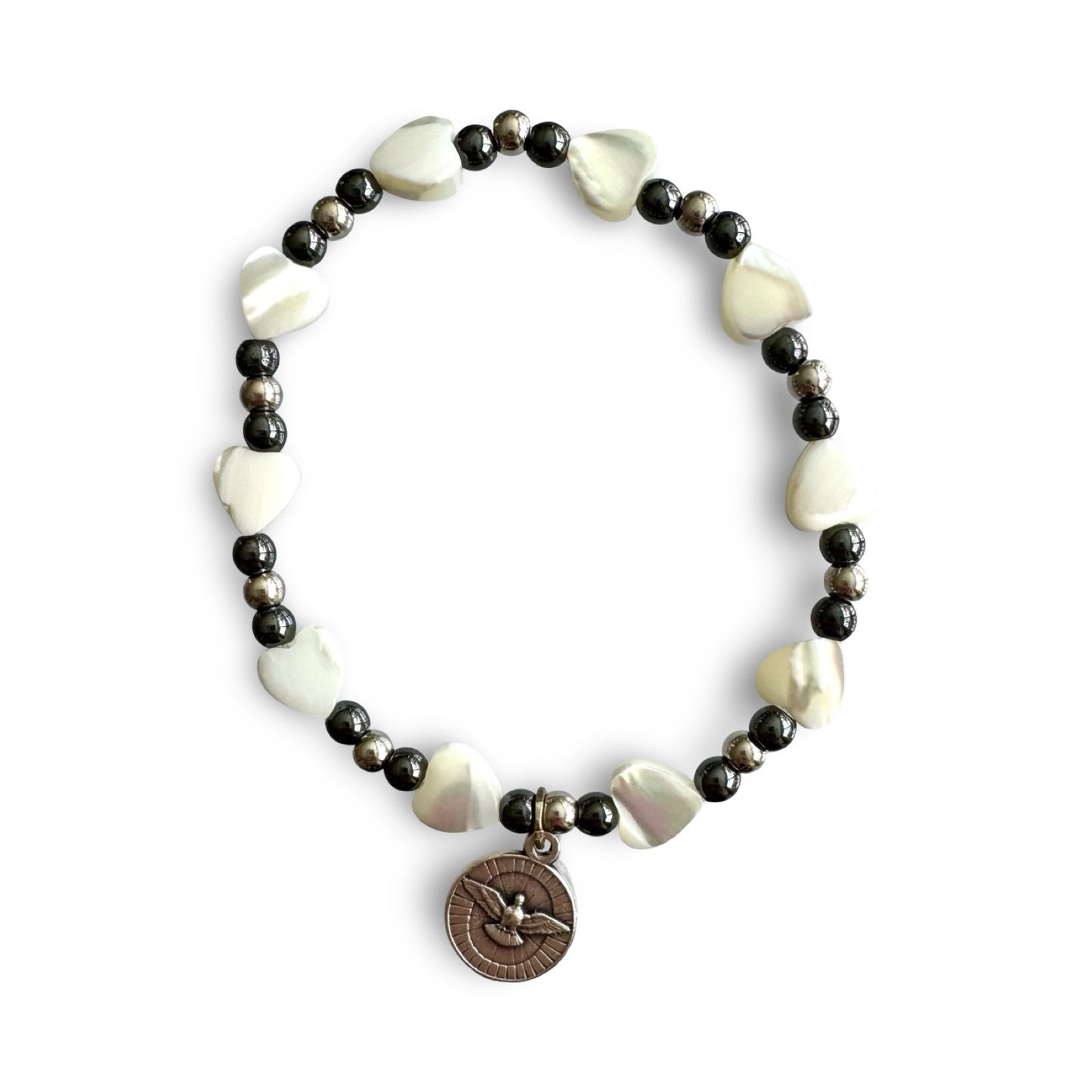 Padre Pio Pearl Heart Bracelet With Holy Spirit Medal
