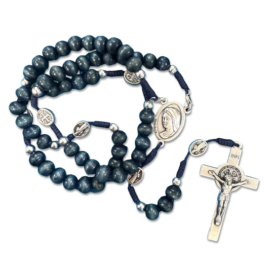 Blue St. Benedict and Queen of Peace Wooden Rosary
