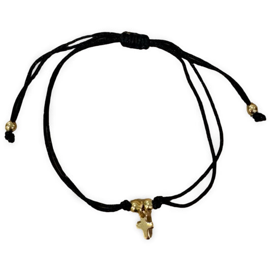 Black String Bracelet with Gold Cross