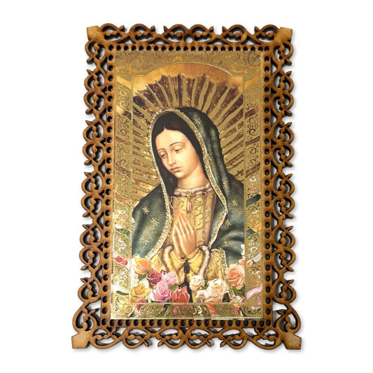 Wood Carved Floral Guadalupe Portrait Image