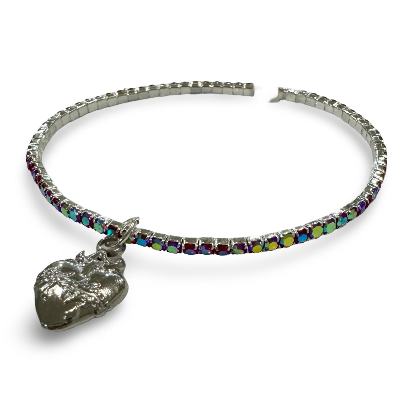 Rhinestone Bracelet of Assorted Colors with Silver Sacred Heart Pendant