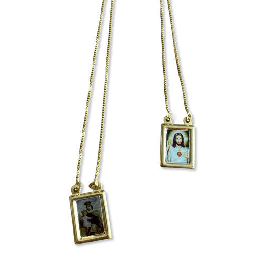 Gold Rectangular Scapular Necklace with Colored Image - Front and Back