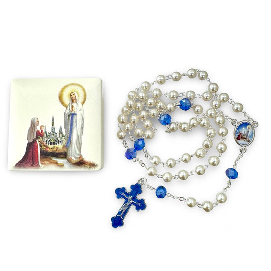 Pearl and Blue Our Lady of Lourdes and St. Bernadette Rosary in Case