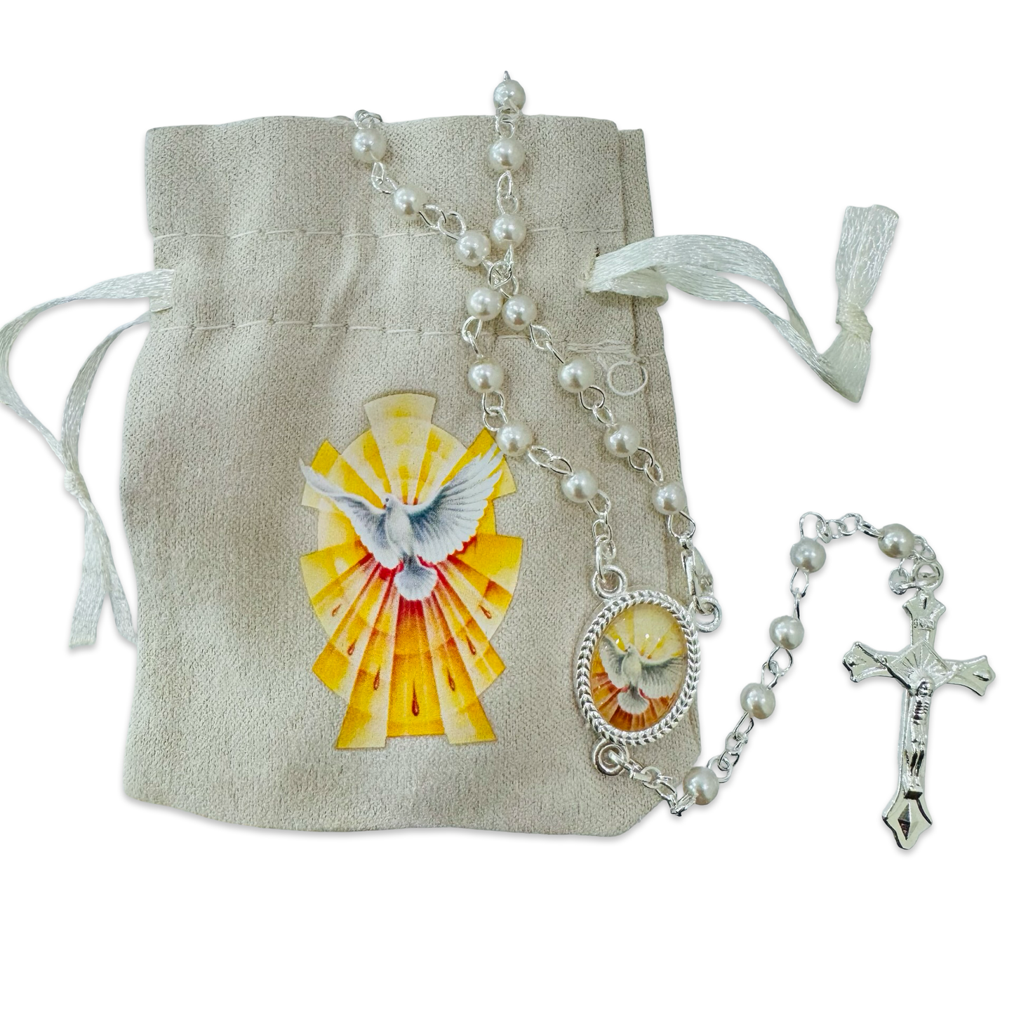 Holy Spirit Rosary in Cloth Drawstring Pouch