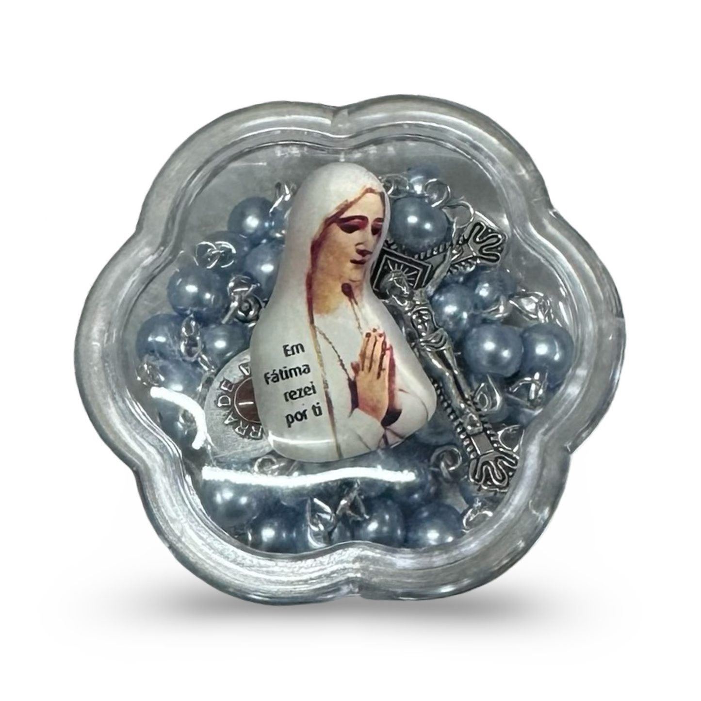 Pearl Fatima Rosary with Soil and Silver Rose Beads in Flower-Shaped Case