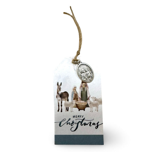 Double-sided Holy Family and St. Joseph Medal with Christmas Tag