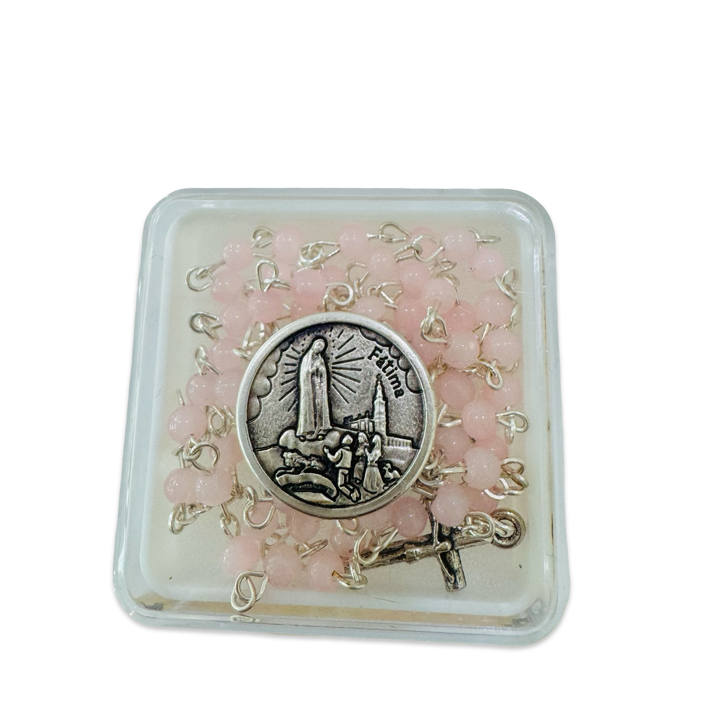 Tiny Pink Fatima Rosary Necklace with Soil