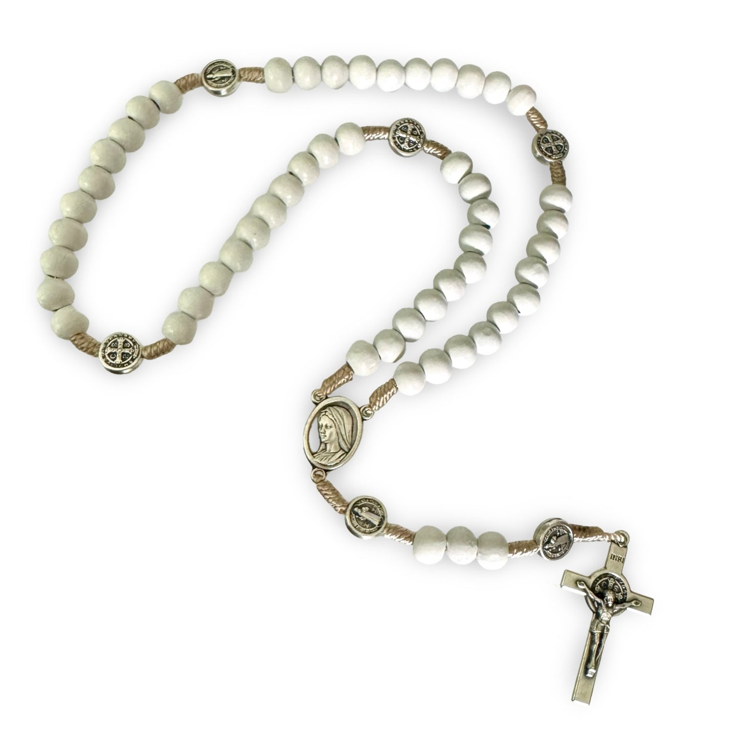 Wooden Our Lady Queen of Peace Rosary with St. Benedict Medal Accents