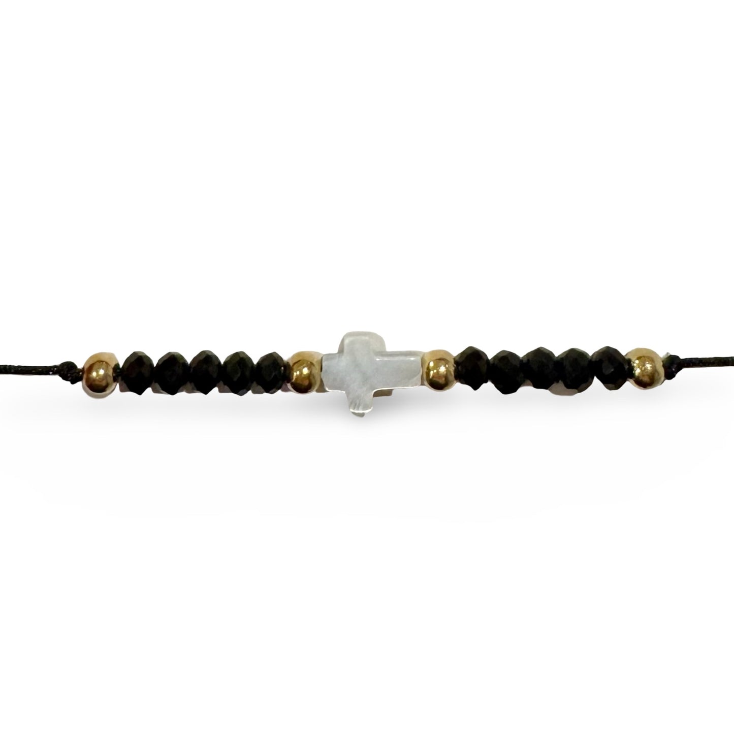 Adjustable String Bracelet with Pearl Cross and Copper Beads of Assorted Colors