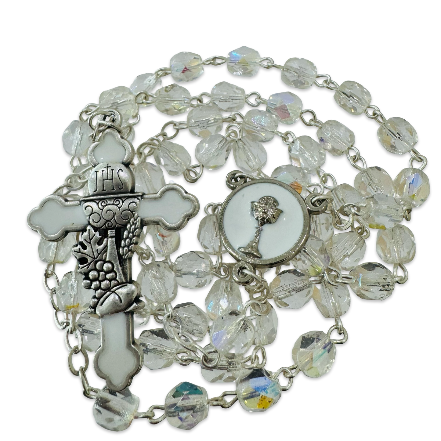 Crystal First Communion Rosary with White and Silver Medals
