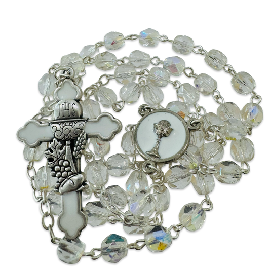 Crystal First Communion Rosary with White and Silver Medals