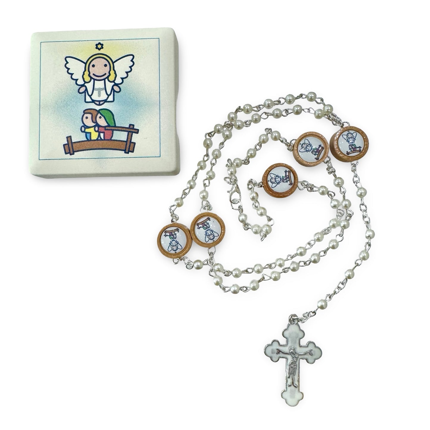 Pearl and Wood Guardian Angel Rosary in Case