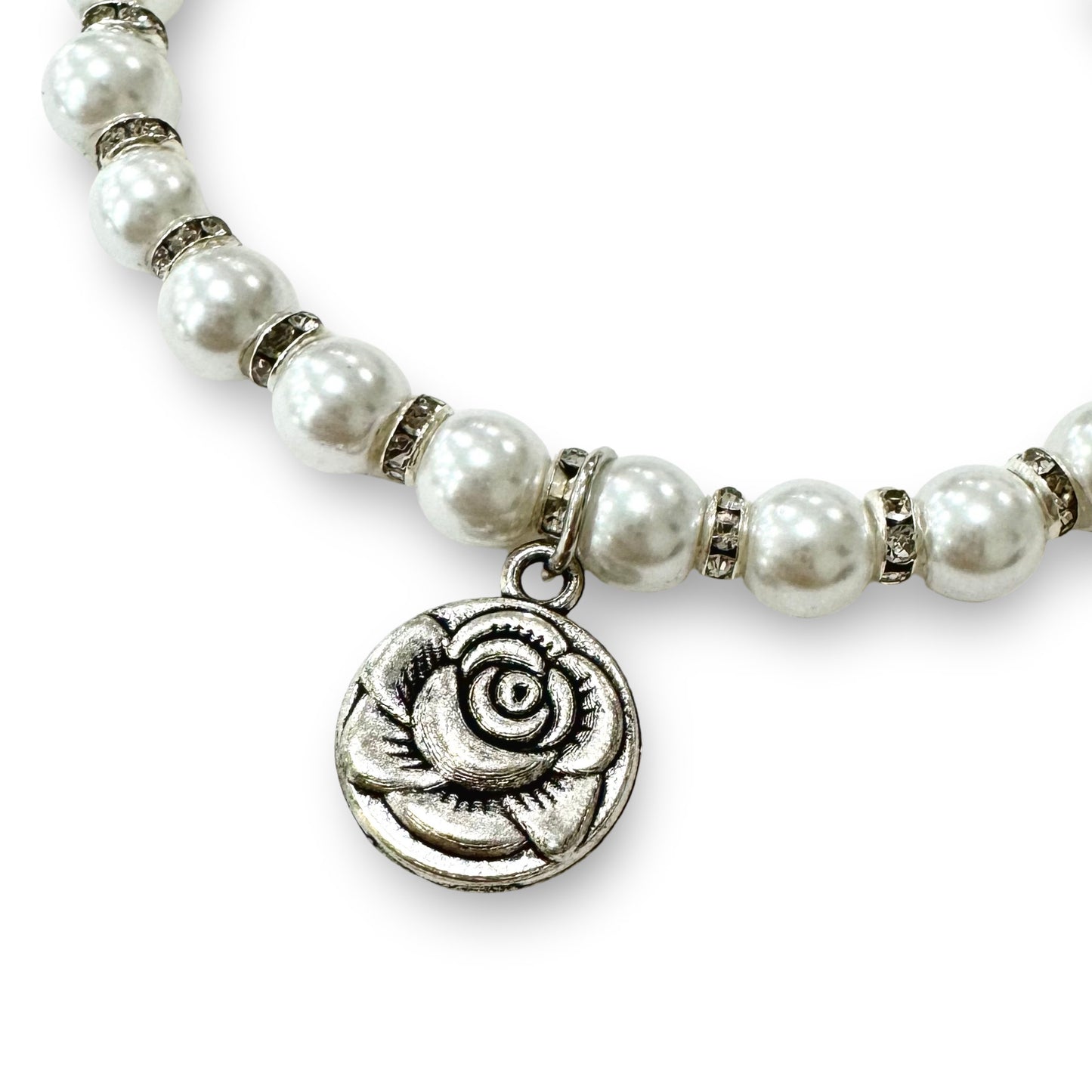 Padre Pio Pearl Bracelet with Rhinestone and Rose Accents