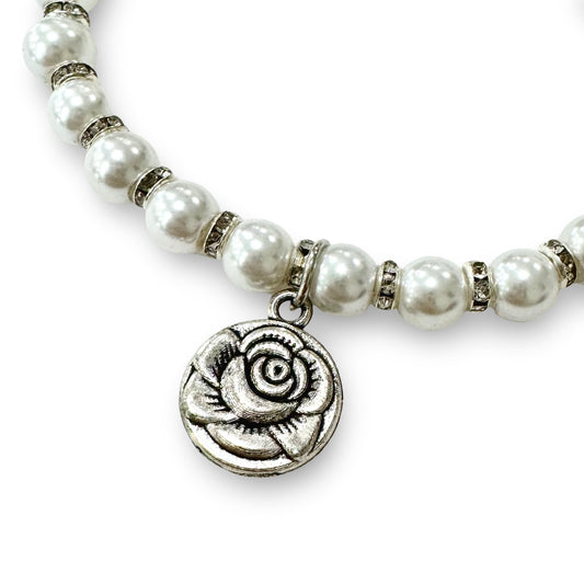 Padre Pio Pearl Bracelet with Rhinestone and Rose Accents