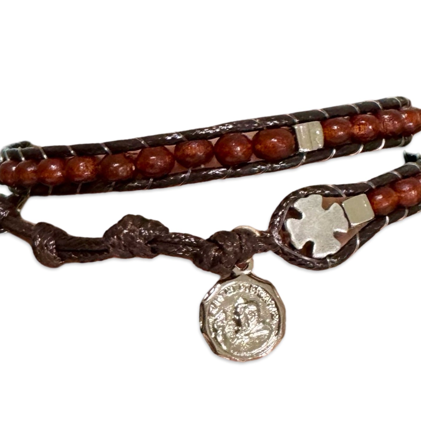 Padre Pio Rope and Wood Rosary Wrap Bracelet with Silver Medal