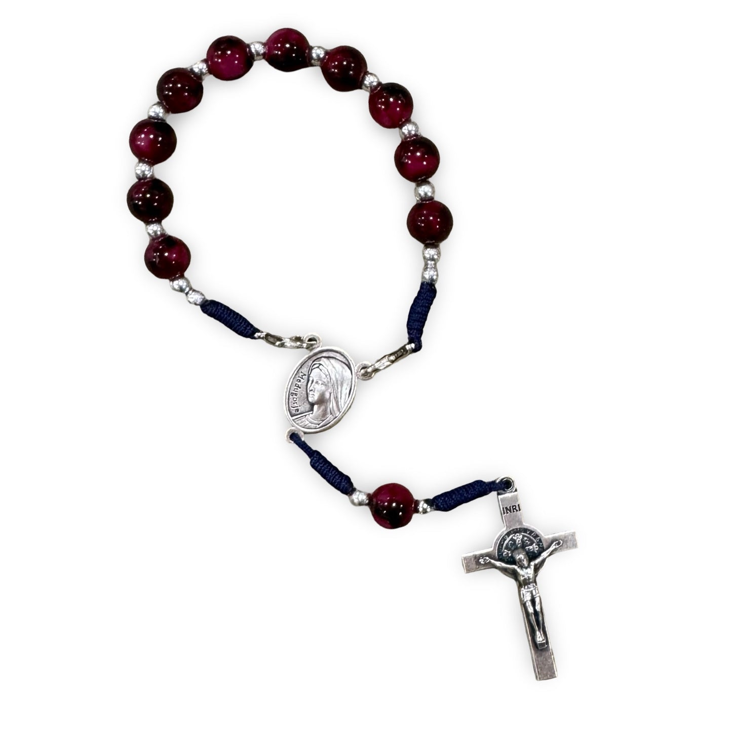 Marble Queen of Peace Cord Decade Rosary with Clasp and St. Benedict Crucifix