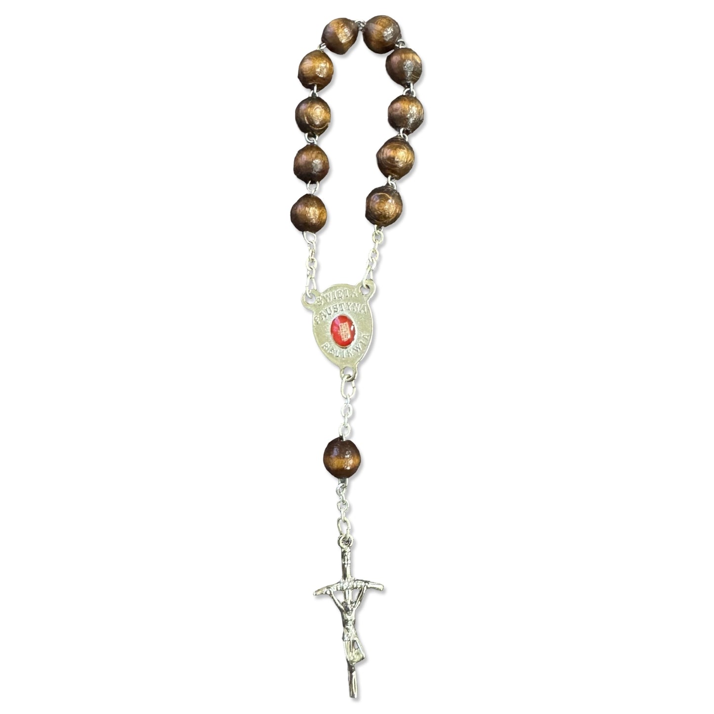 Wood St. Faustina Decade Rosary with Relic and Holy Card