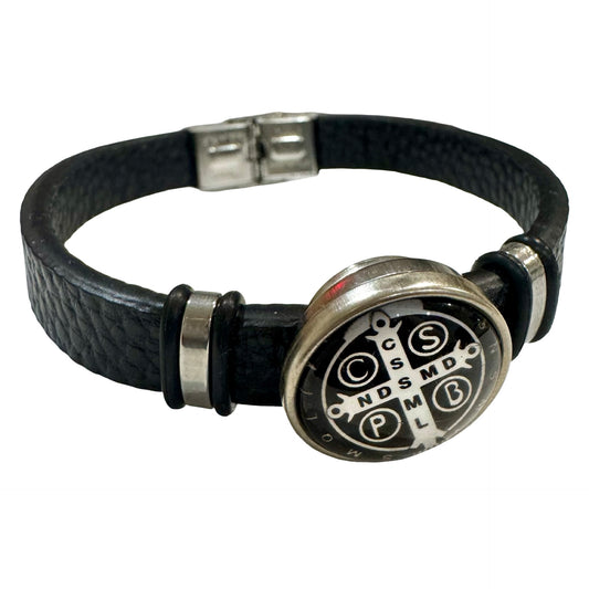 Large Black St. Benedict Leather Bracelet with Clasp