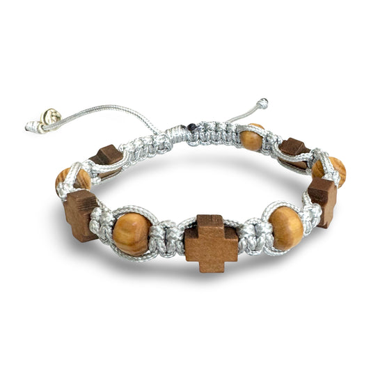 Olive Wood Queen of Peace Cord Bracelet With Colored Medal
