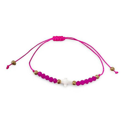Adjustable String Bracelet with Pearl Cross and Copper Beads of Assorted Colors
