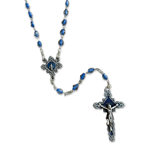 Blue Crystal Beaded Fatima Rosary with Embellished Miraculous Medal - In Case