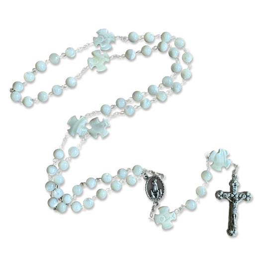 Cross Shaped Mother of Pearl Fatima Rosary with Heart Embellished Crucifix