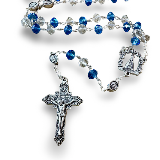 Crystal and Blue Fatima Rosary in Case