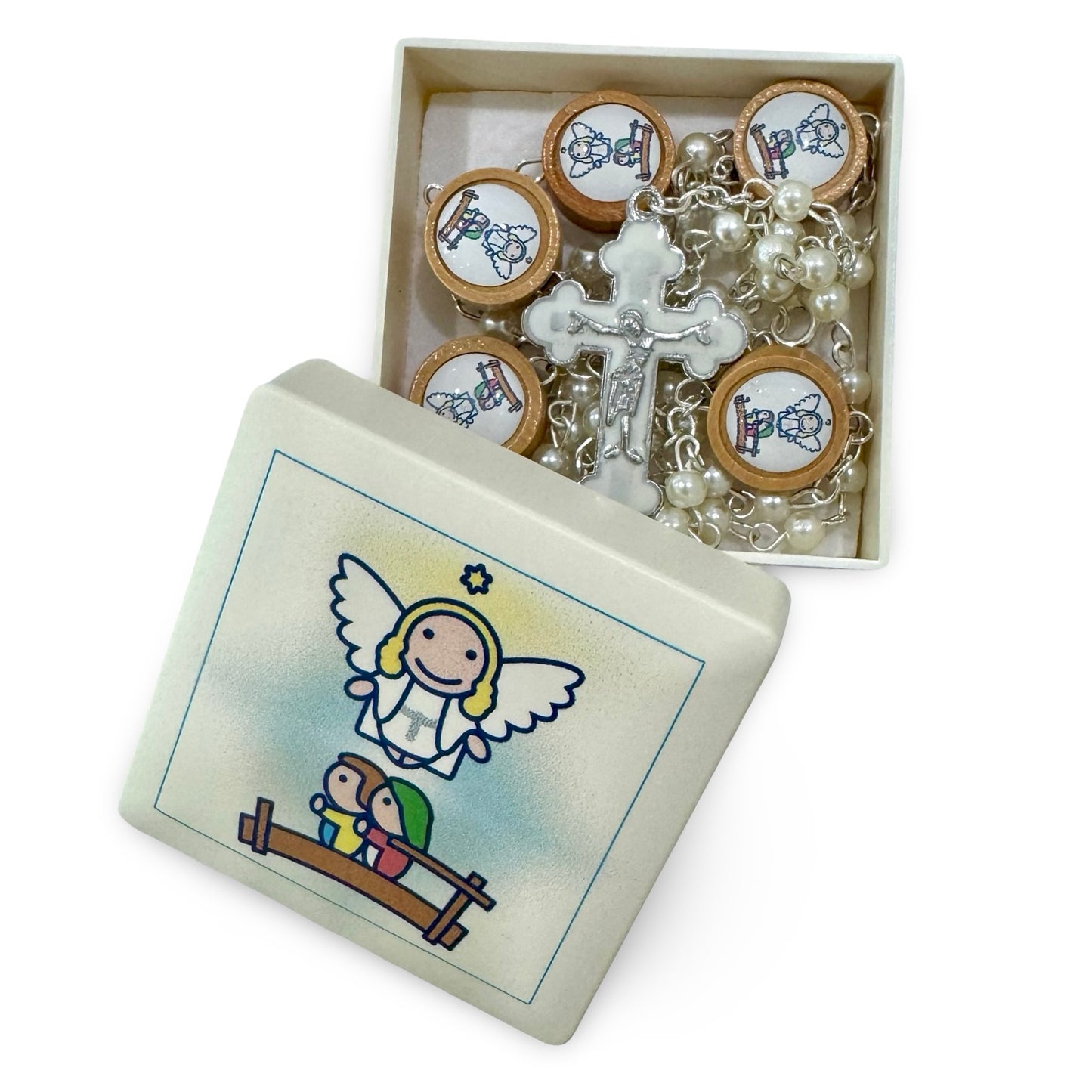 Pearl and Wood Guardian Angel Rosary in Case